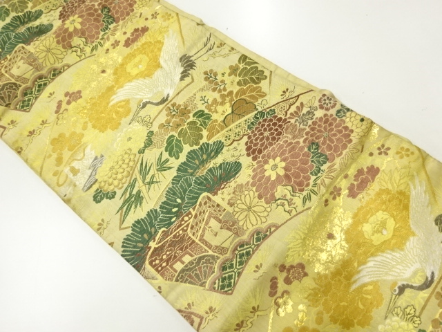 アンティーク　地紙に鶴・松竹梅模様織出し名古屋帯（材料）